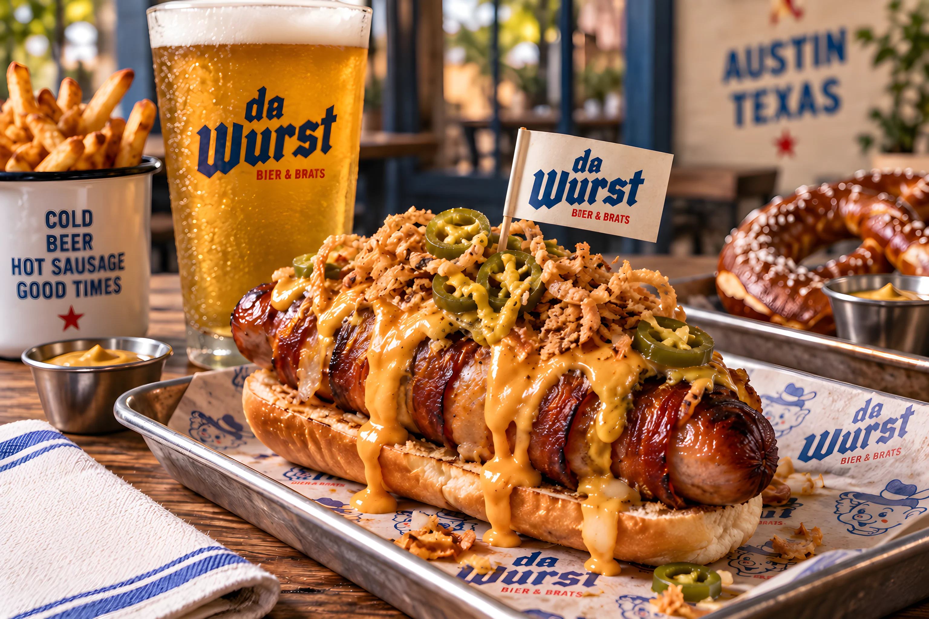 The Da Wurst — bacon-wrapped brat-wrapped hot dog with beer cheese, crispy onions and jalapeños
