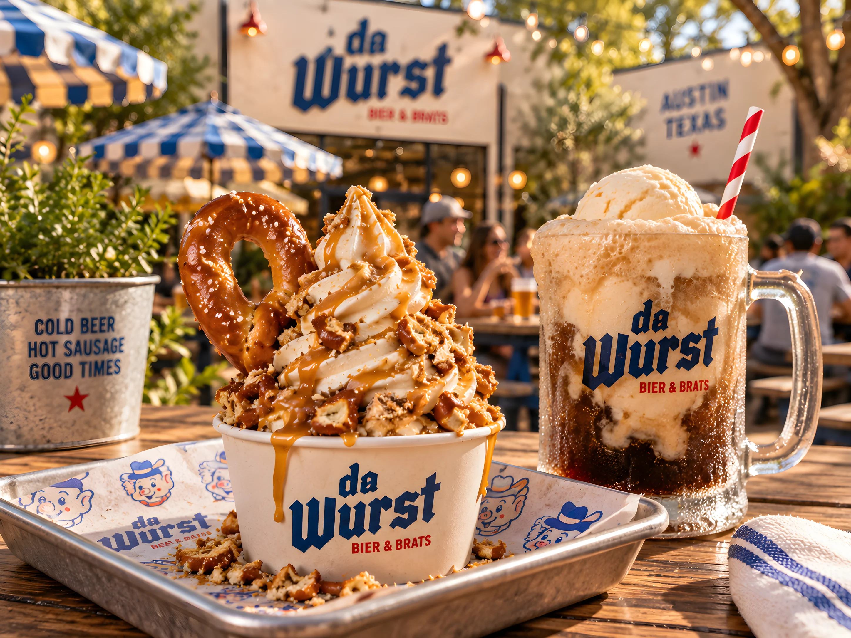 Pretzel sundae and a root beer float on the patio