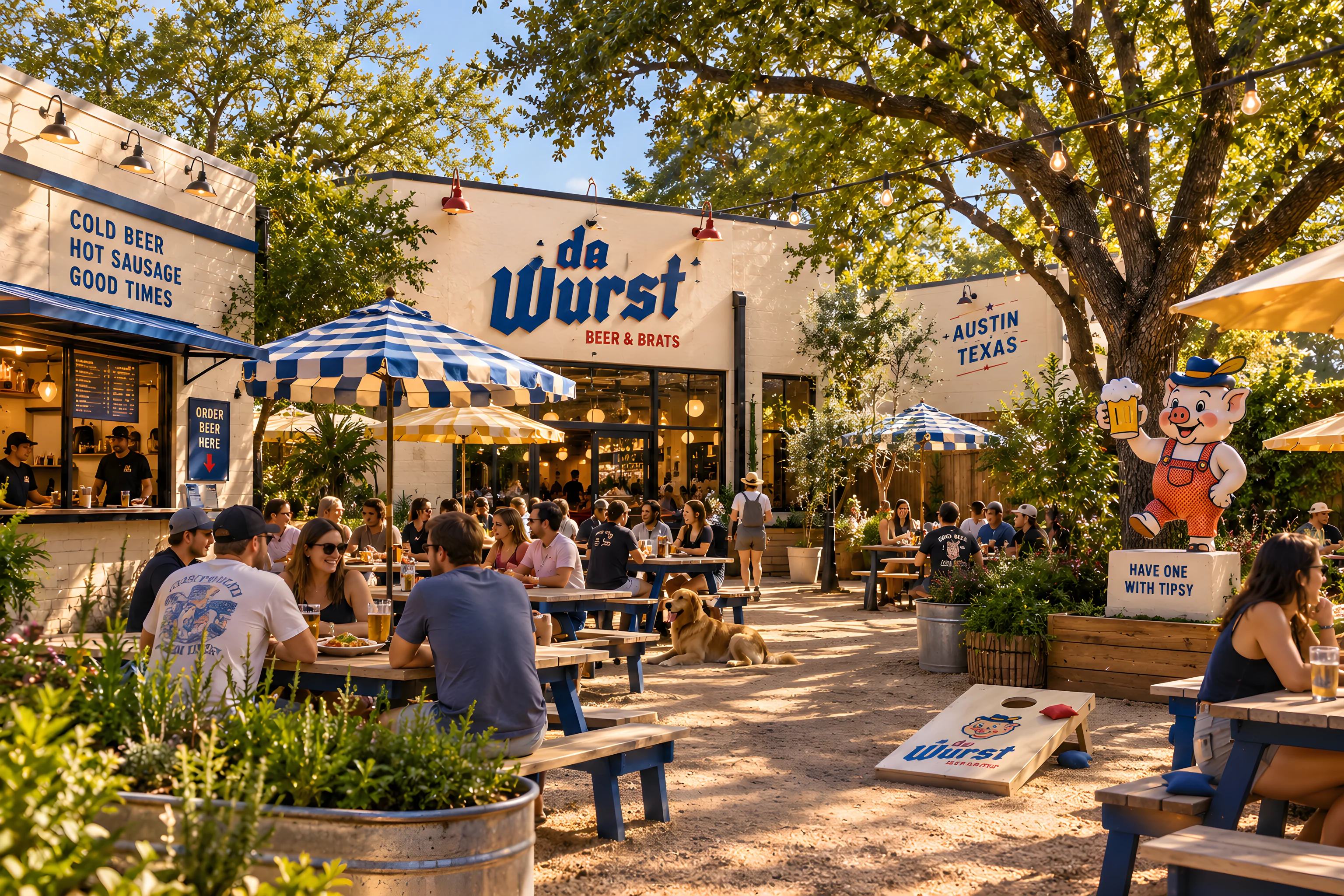 The Yard on a sunny afternoon — striped umbrellas, big trees, long tables