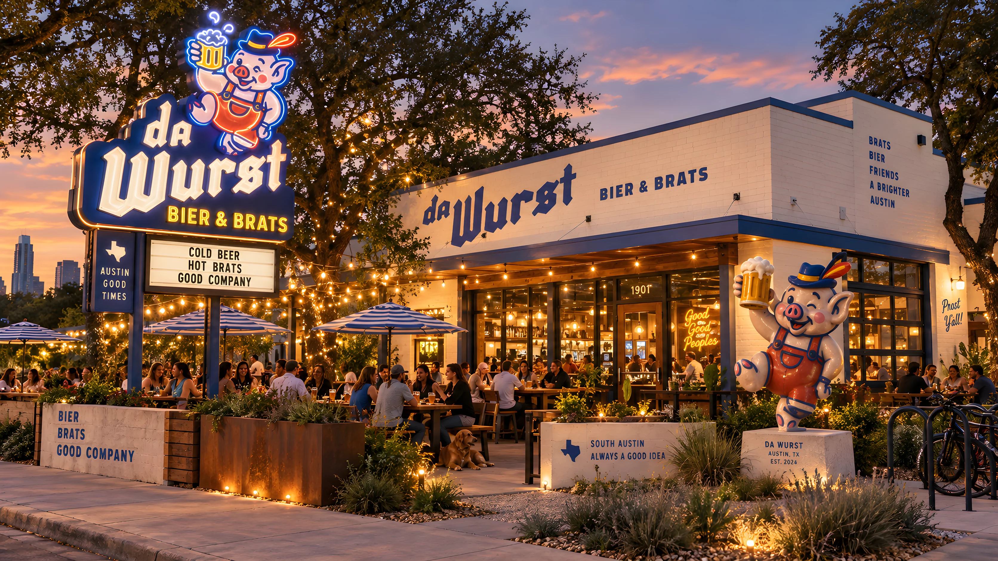 Da Wurst at night — the neon sign out front
