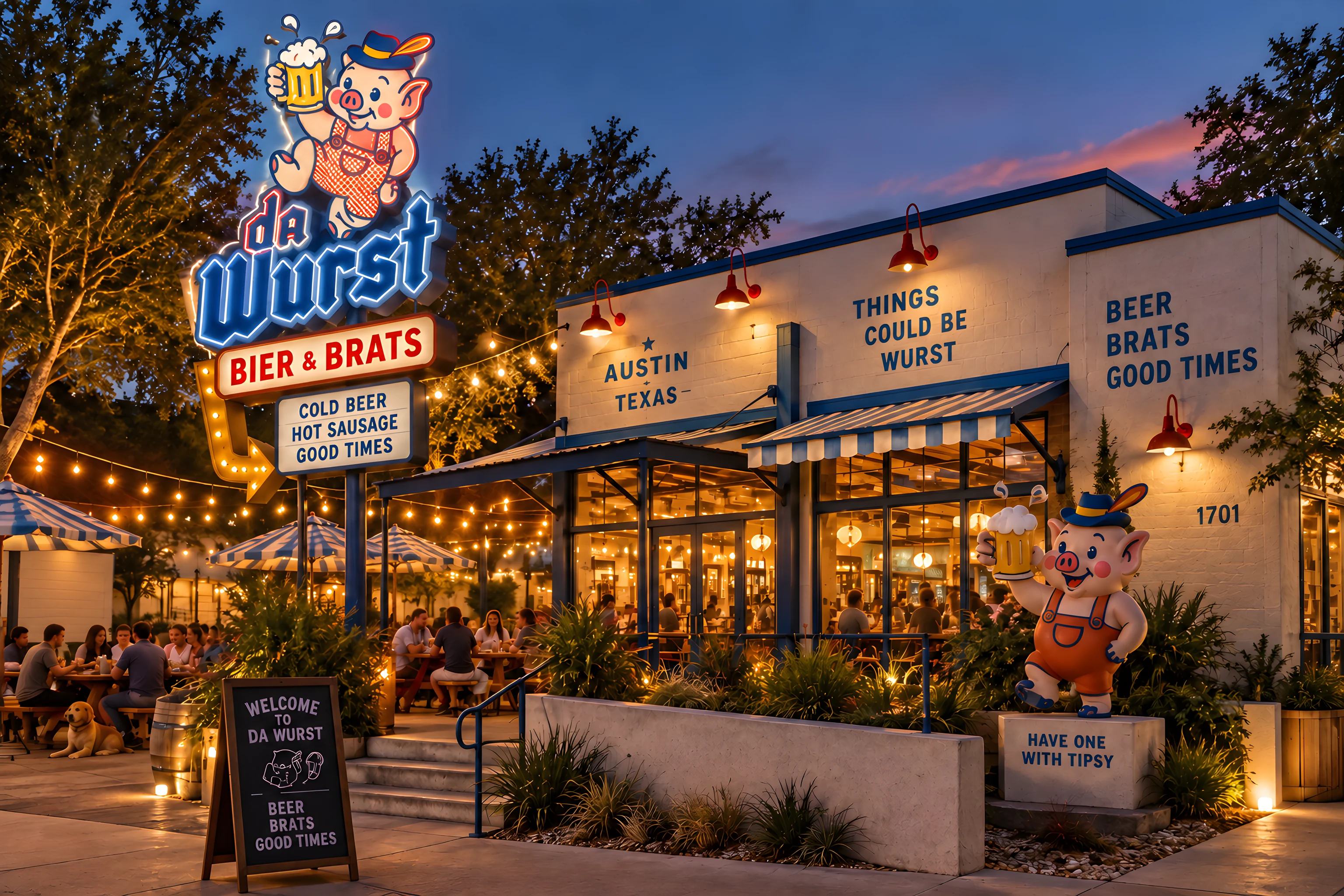 Da Wurst at dusk — the neon sign and Mr. Tipsy out front