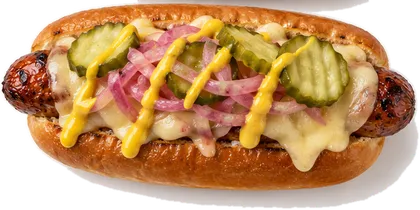 Havana dog — Pork sausage · Swiss · pickles · mojo onions · yellow mustard
