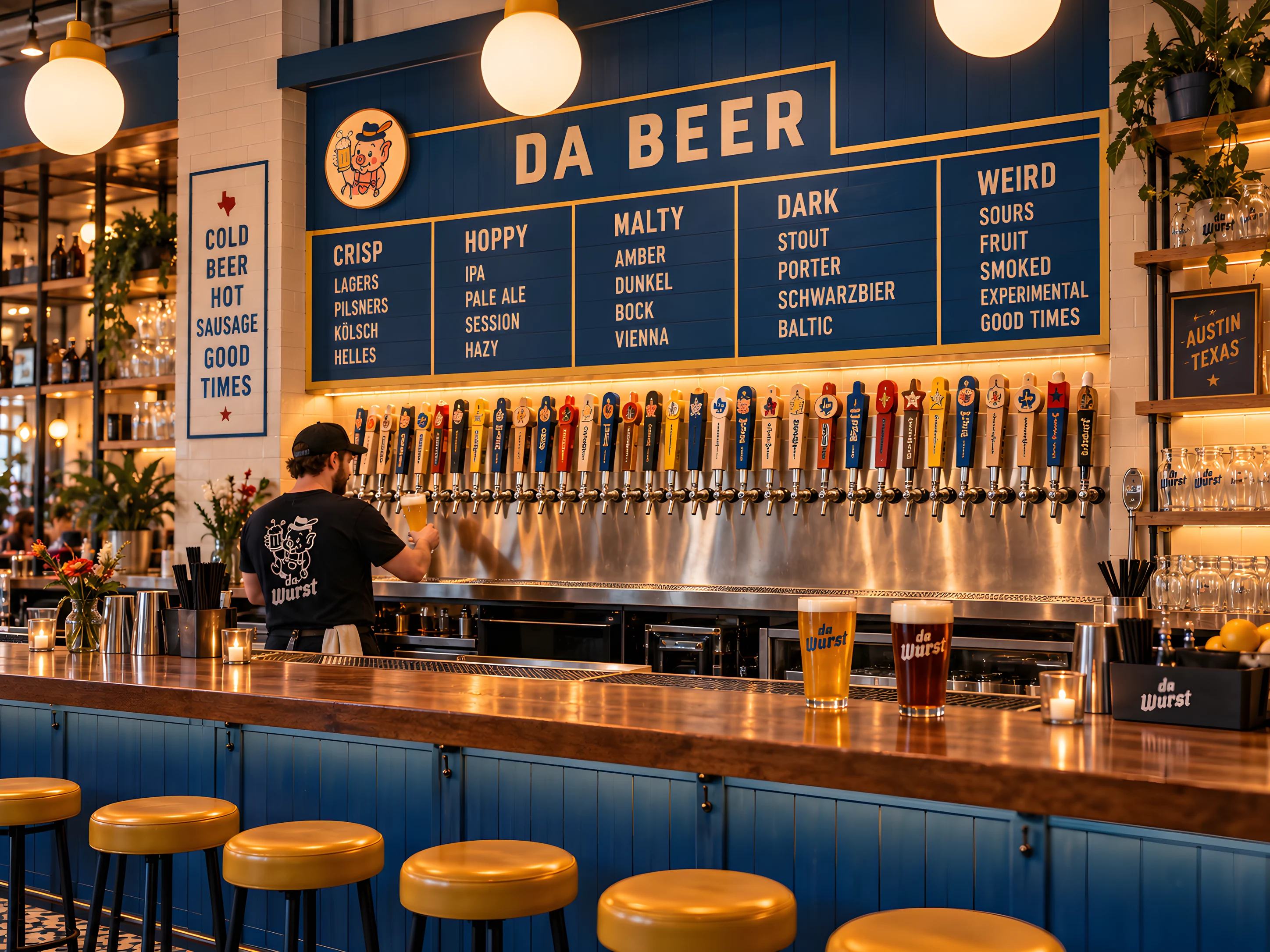 The Da Beer board and tap wall inside Da Wurst