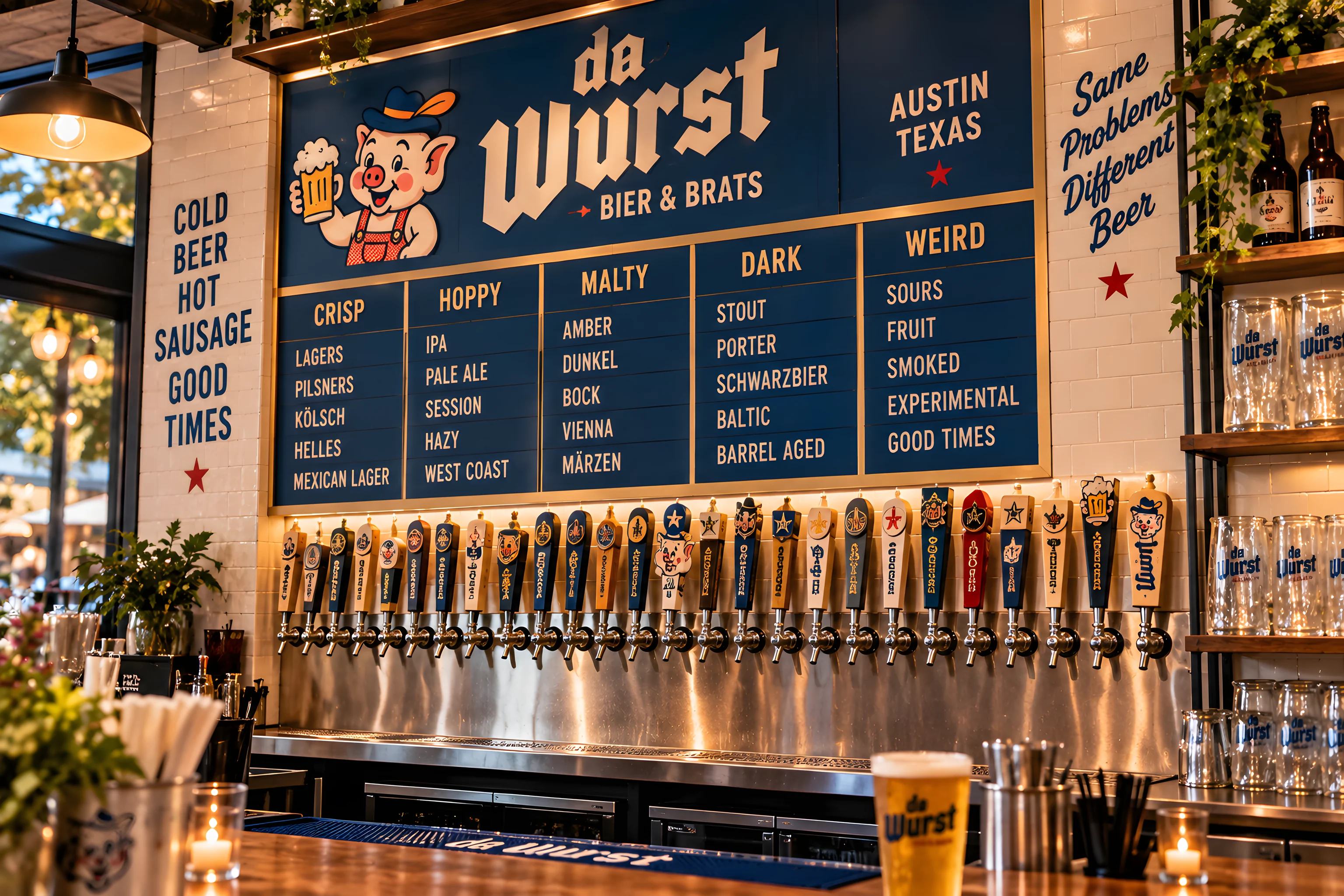 The bar and Da Beer board inside Da Wurst