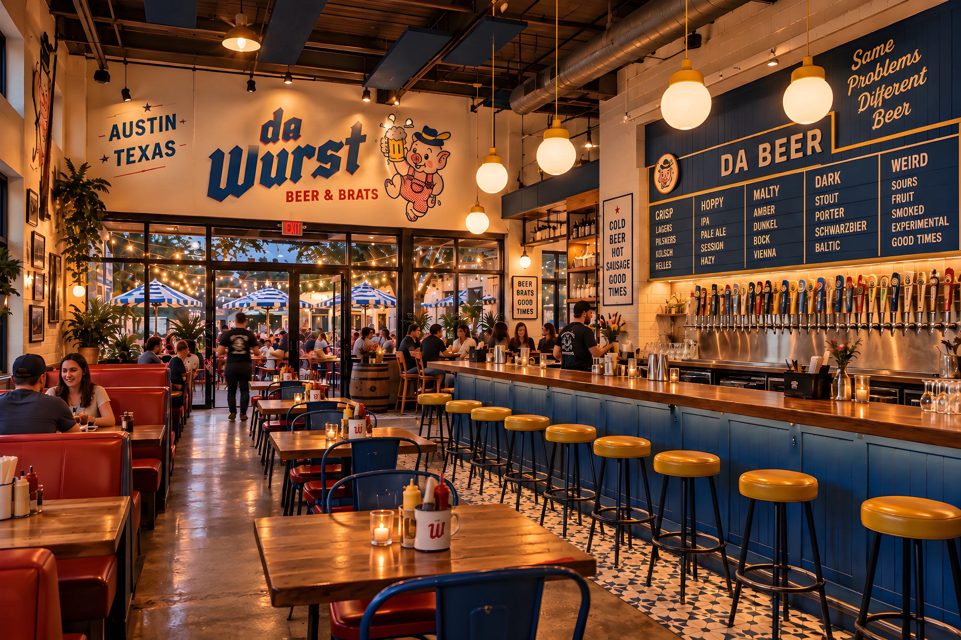 Inside Da Wurst at night — booths, stools and the Da Beer board
