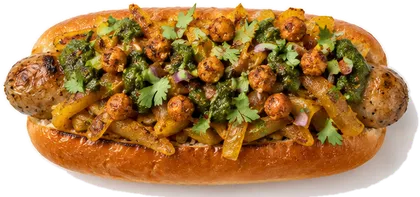 Mumbai dog — Tikka-spiced onions · mint-cucumber chutney · cilantro · crispy chickpeas