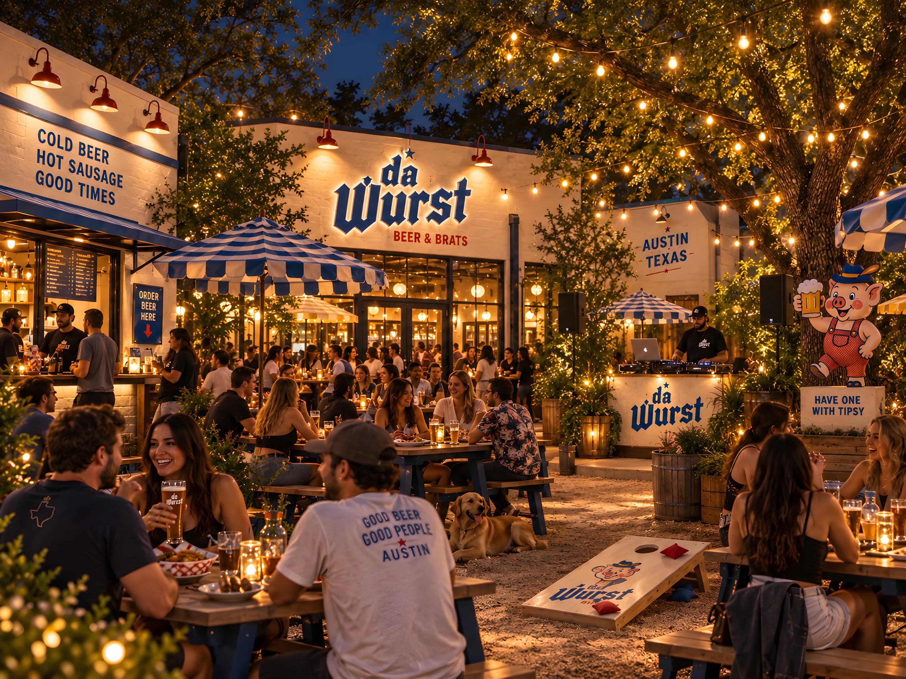 The Yard at night — string lights, long tables and a DJ under the trees