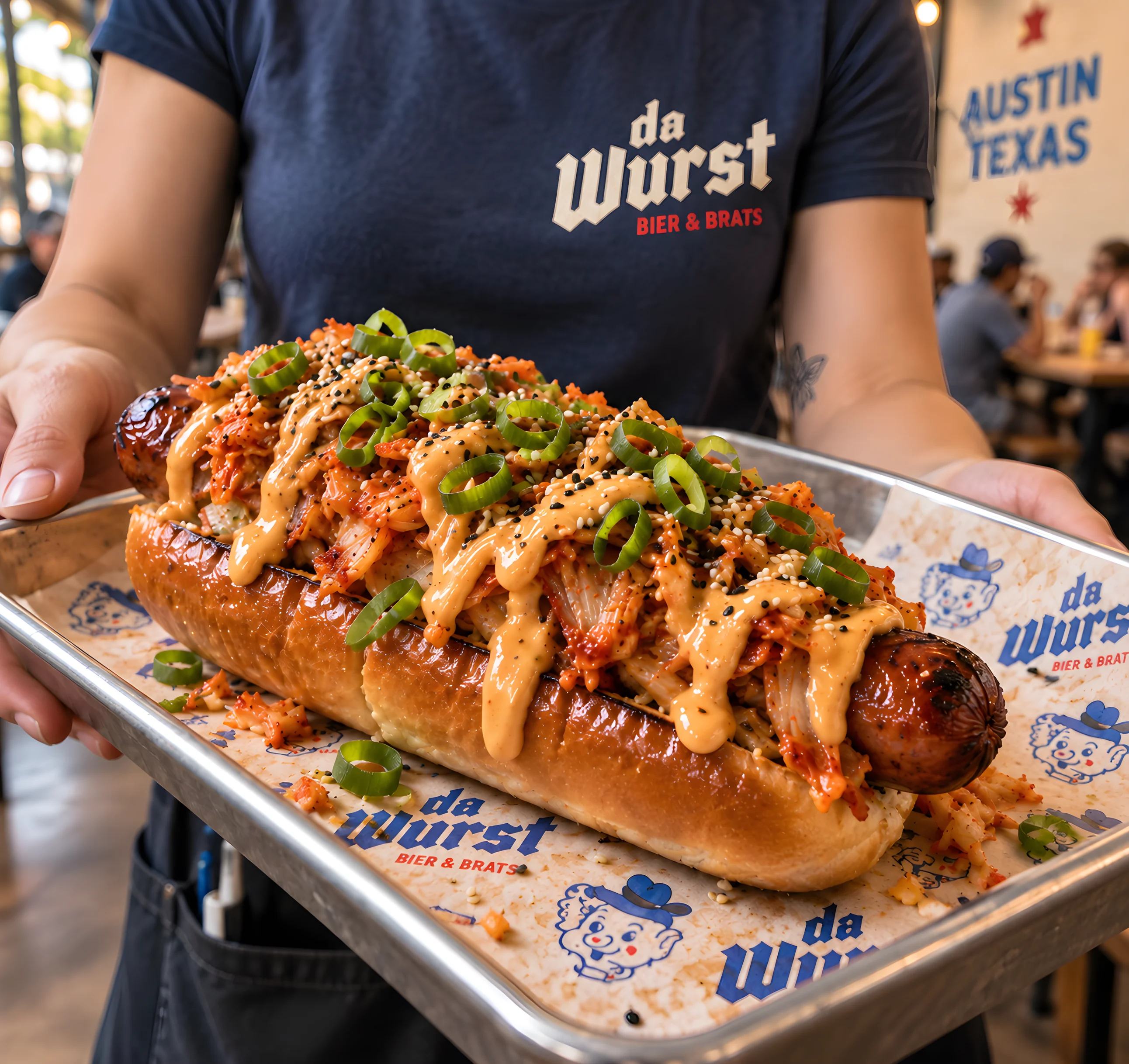 A Seoul dog — kimchi, gochujang mayo, scallions and sesame — handed over on a Da Wurst tray