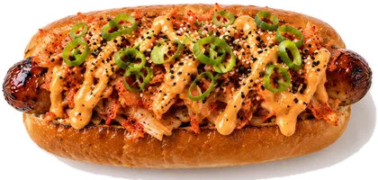 Seoul dog — Kimchi · gochujang mayo · scallions · sesame