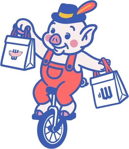 Mr. Tipsy on a unicycle with delivery bags